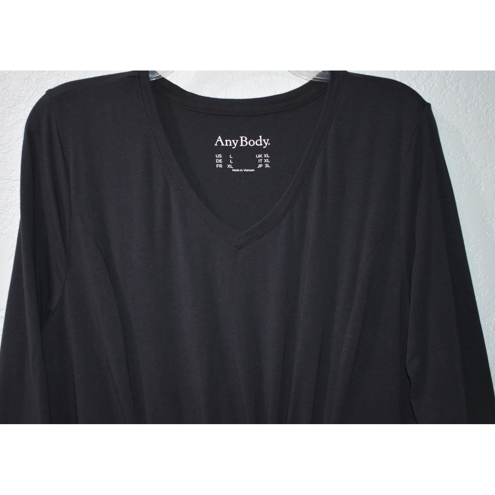 AnyBody LARGE Black V-Neck Tunic Long Sleeve Drawstring Waist Comfy Cozy Top